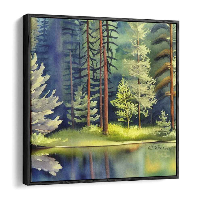 Enchanted Waterside Canopy: Lush Forest by Lakeside Watercolor Art Print