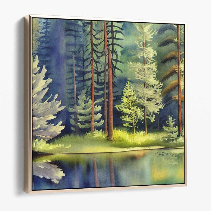 Enchanted Waterside Canopy: Lush Forest by Lakeside Watercolor Art Print