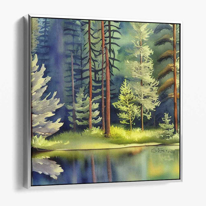 Enchanted Waterside Canopy: Lush Forest by Lakeside Watercolor Art Print