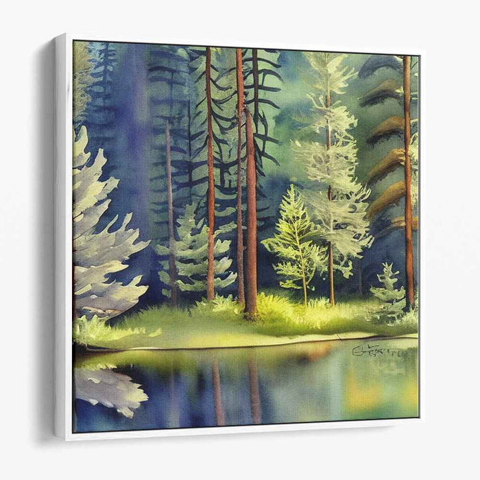 Enchanted Waterside Canopy: Lush Forest by Lakeside Watercolor Art Print