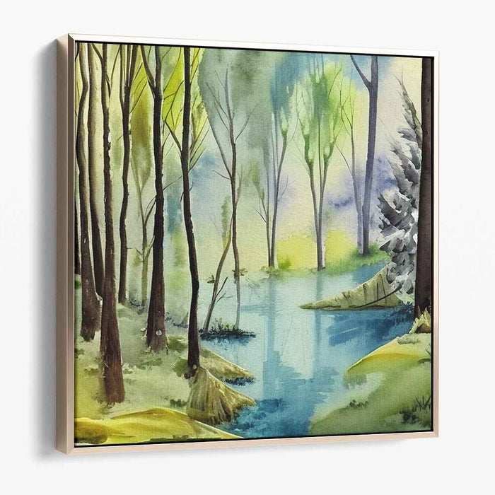 Tranquil Forest Reflection: Serene Watercolor Landscape