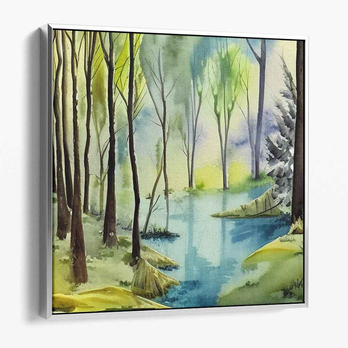 Tranquil Forest Reflection: Serene Watercolor Landscape