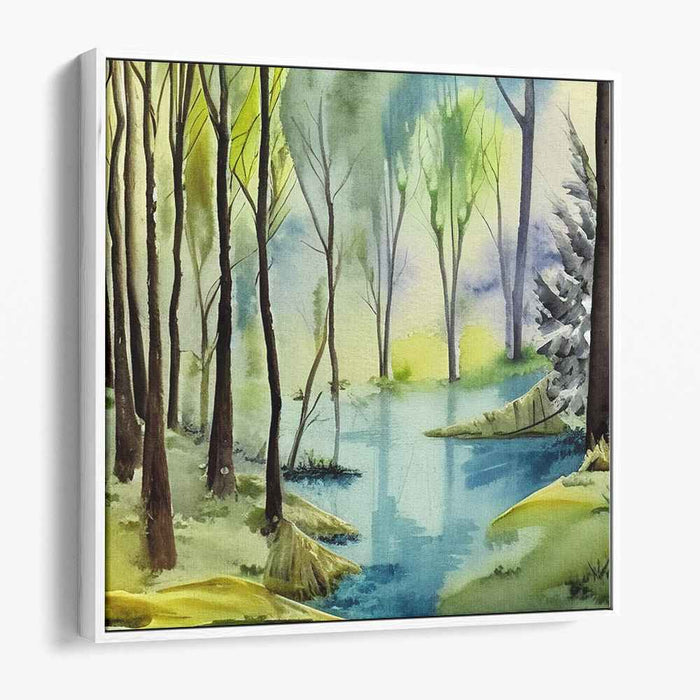 Tranquil Forest Reflection: Serene Watercolor Landscape