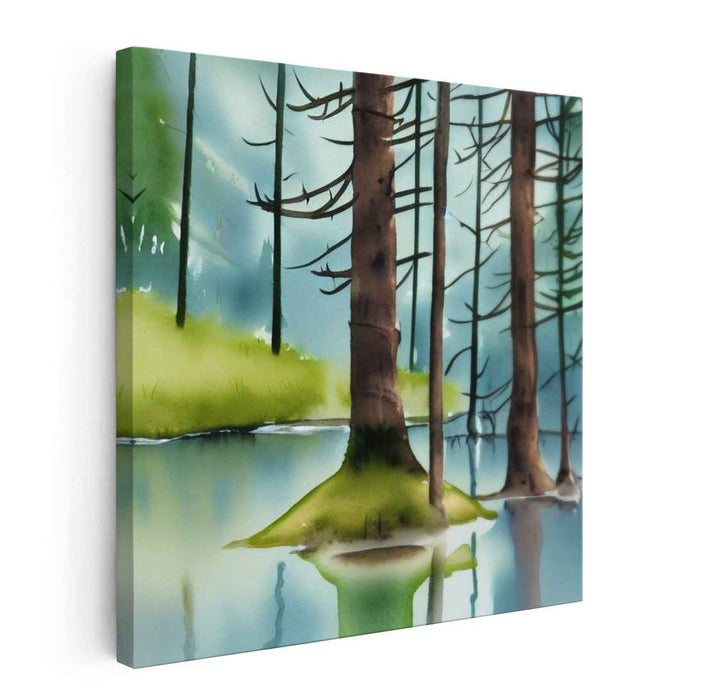 Lush Waterscape Symphony: Watercolor Forest and Lake Scene