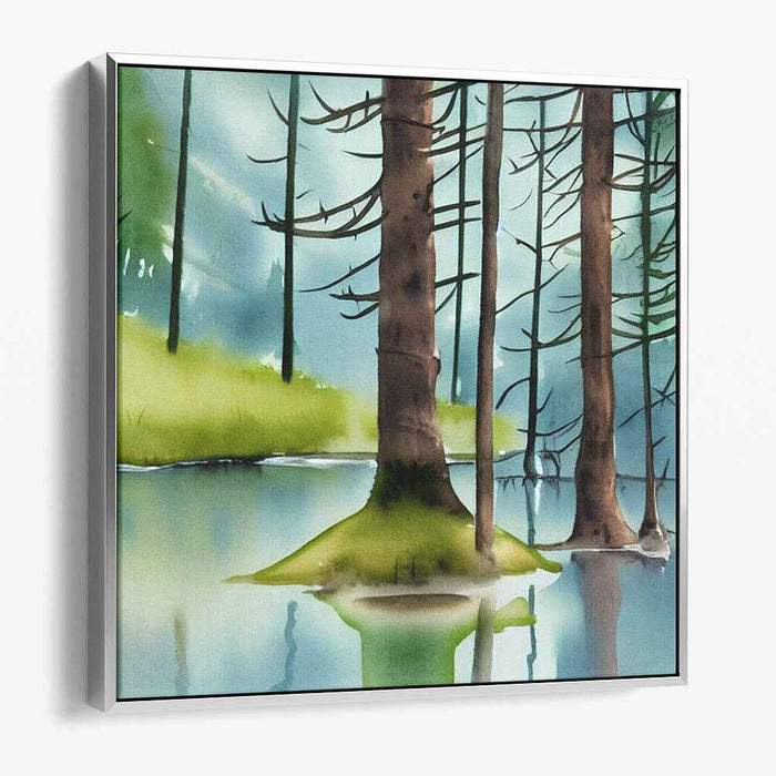 Lush Waterscape Symphony: Watercolor Forest and Lake Scene