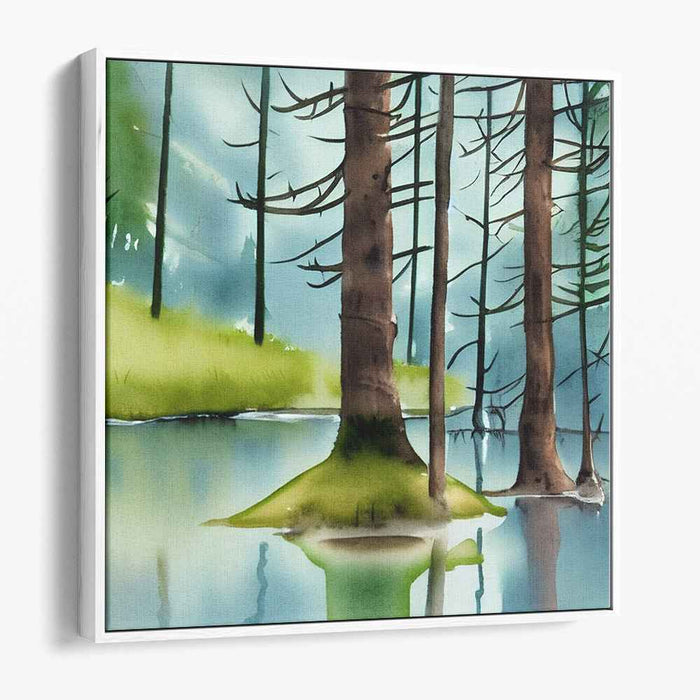 Lush Waterscape Symphony: Watercolor Forest and Lake Scene