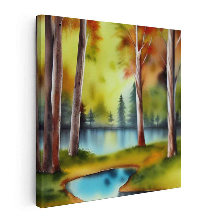 Watercolor Autumn Serenity: Autumnal Watercolor Landscape Canvas Art Print