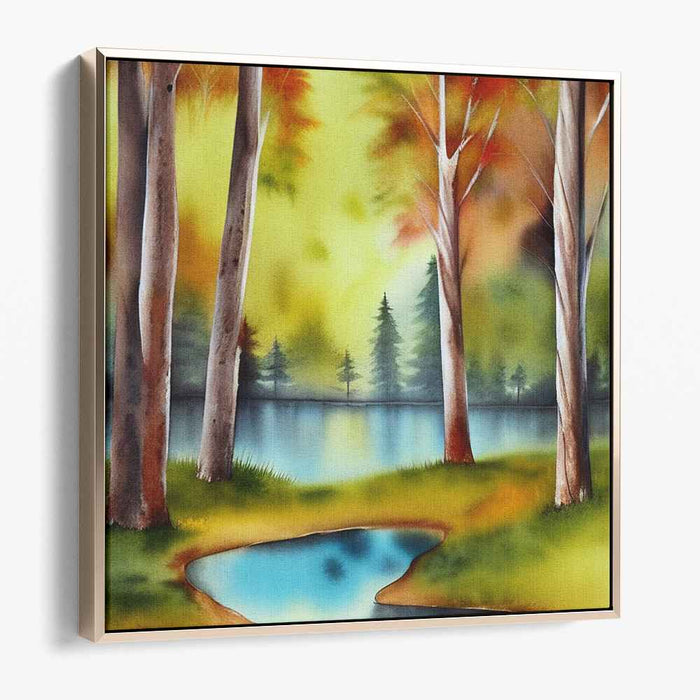 Watercolor Autumn Serenity: Autumnal Watercolor Landscape Canvas Art Print