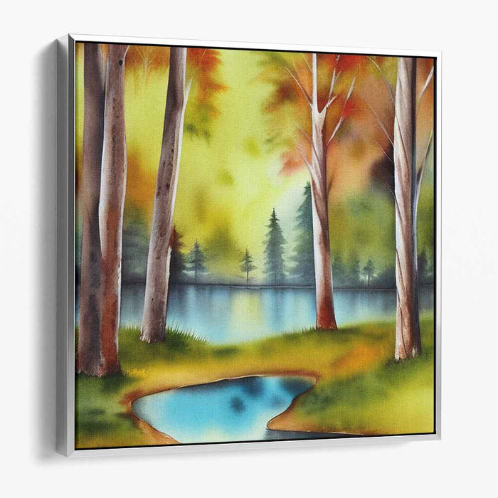 Watercolor Autumn Serenity: Autumnal Watercolor Landscape Canvas Art Print