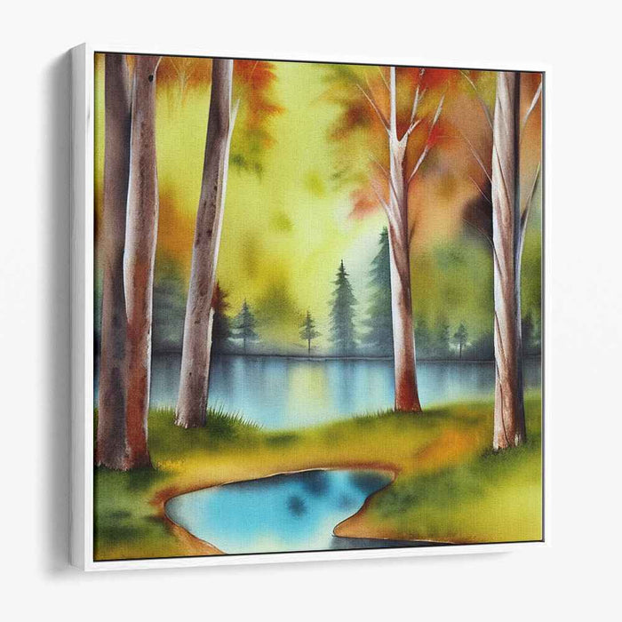 Watercolor Autumn Serenity: Autumnal Watercolor Landscape Canvas Art Print
