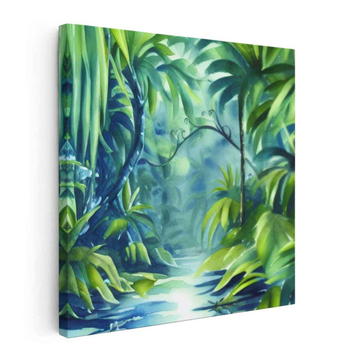 Enchanted Jungle: Serene Green Tropical Paradise Canvas Art Print