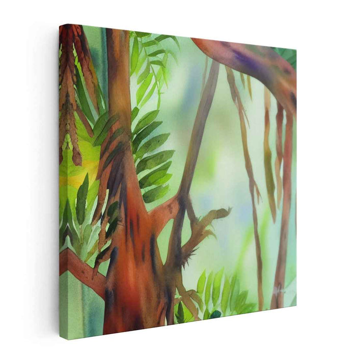 Whispers Of Verdant Canopy: Serene Tropical Rainforest Watercolor Canvas Art Print