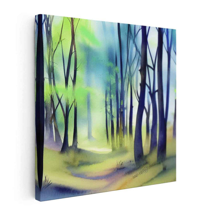Glimmering Forest Aquarelle: Sunlit Woodland Watercolor Painting