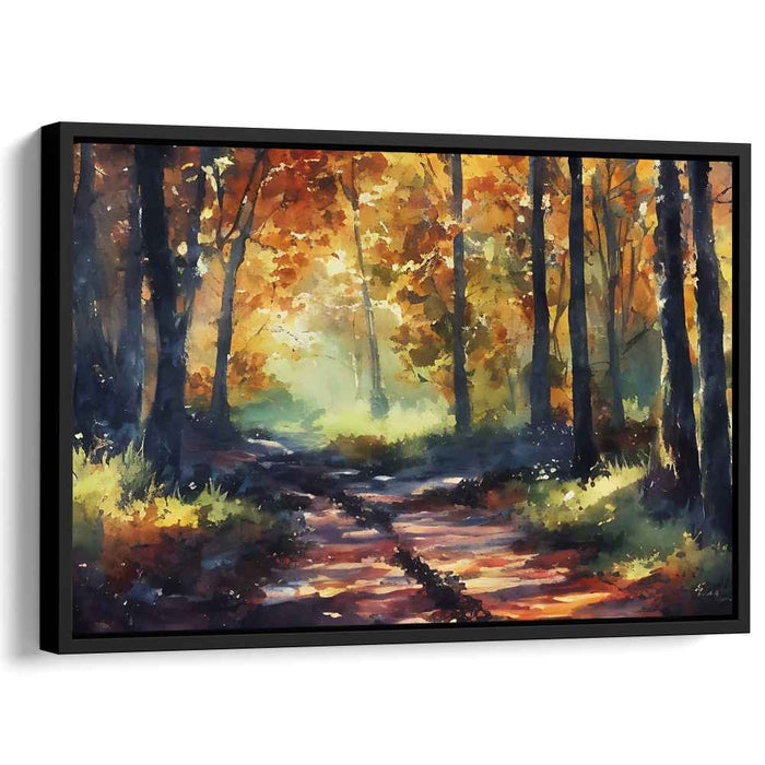 Crimson Canopy Walk: Autumn Forest Path Watercolor Painting