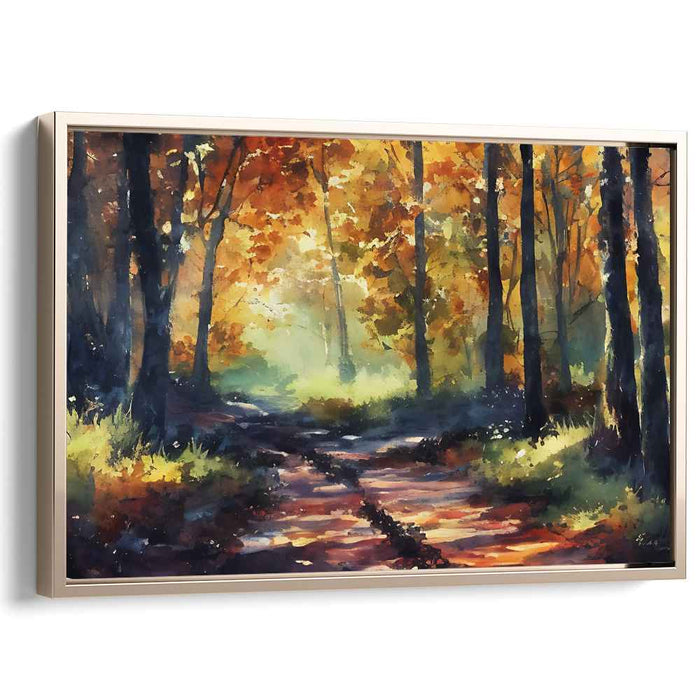 Crimson Canopy Walk: Autumn Forest Path Watercolor Painting