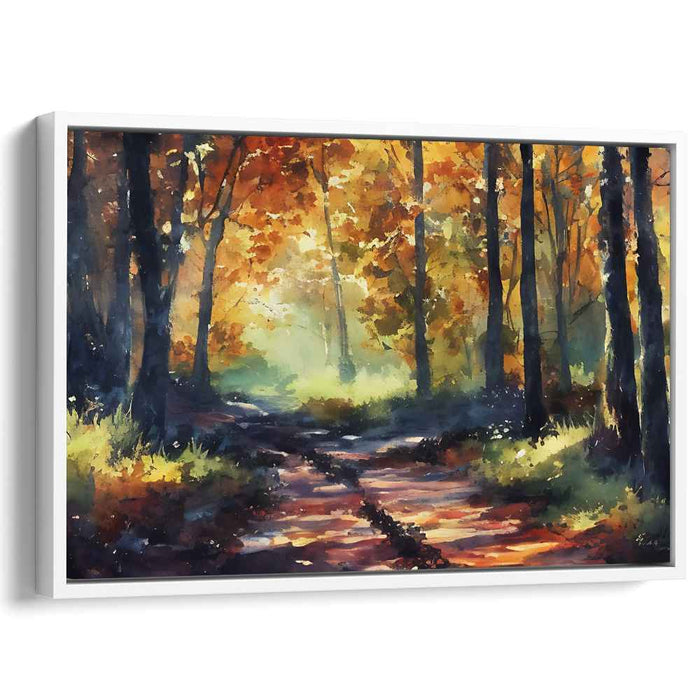 Crimson Canopy Walk: Autumn Forest Path Watercolor Painting