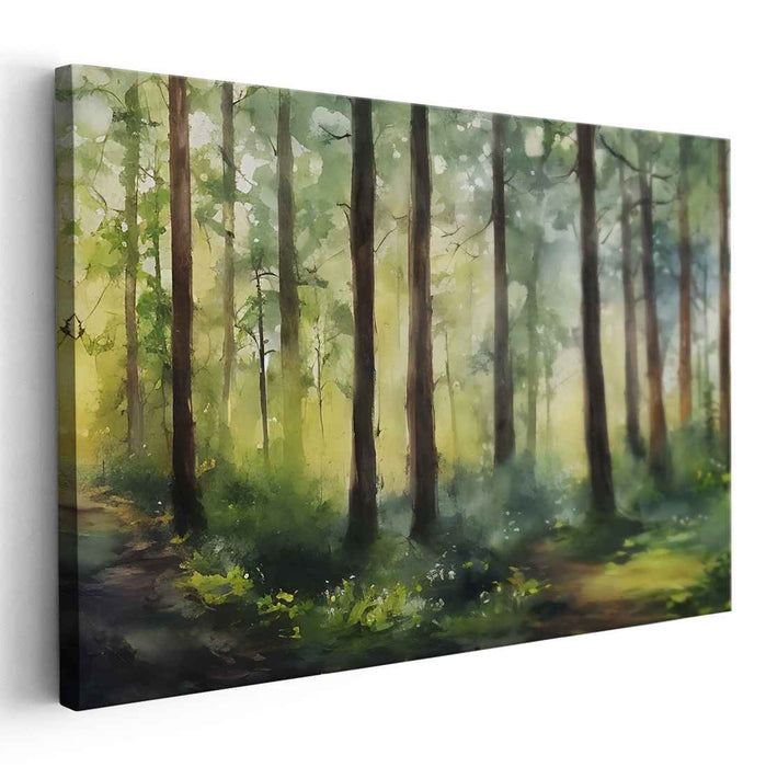 Glimmering Forest Serenade: Luminous Watercolor Woods Canvas Art Print