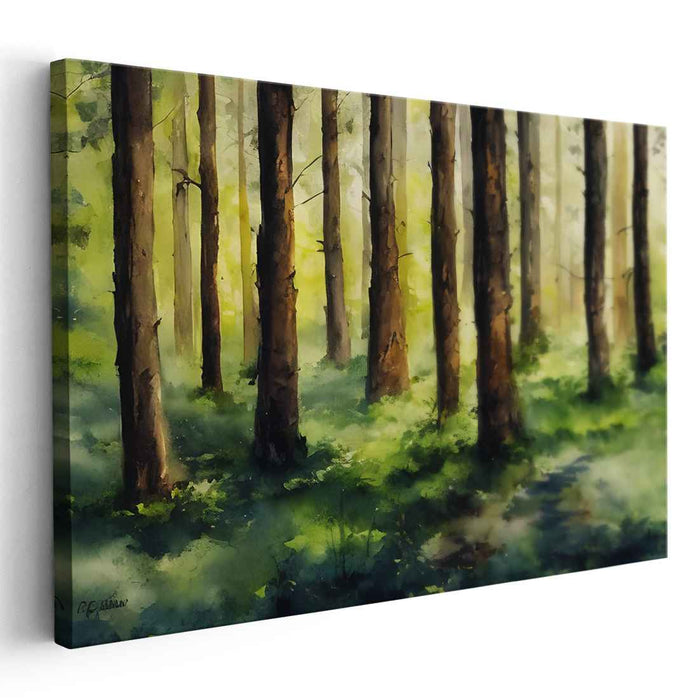 Mossy Evergreen Symphony: Serene Watercolor Woodland Scene
