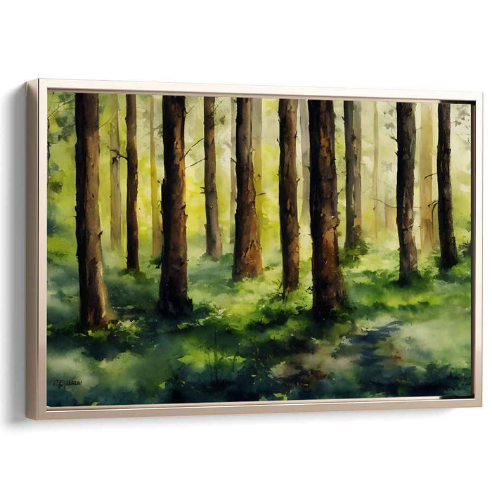 Mossy Evergreen Symphony: Serene Watercolor Woodland Scene