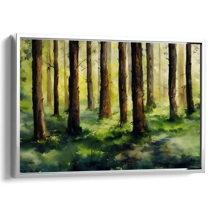 Mossy Evergreen Symphony: Serene Watercolor Woodland Scene