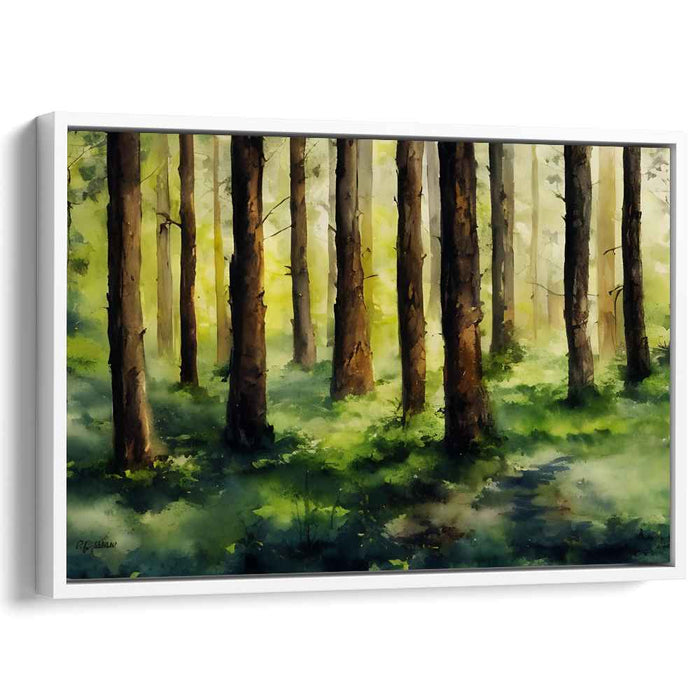 Mossy Evergreen Symphony: Serene Watercolor Woodland Scene