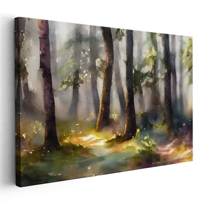 Sunlit Canopy Impressions: Serene Sunlit Woodland Watercolor Canvas Art Print