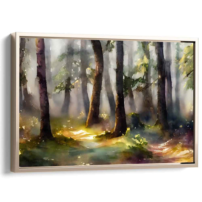 Sunlit Canopy Impressions: Serene Sunlit Woodland Watercolor Canvas Art Print