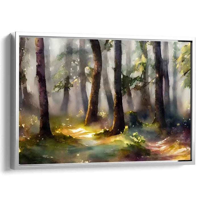 Sunlit Canopy Impressions: Serene Sunlit Woodland Watercolor Canvas Art Print