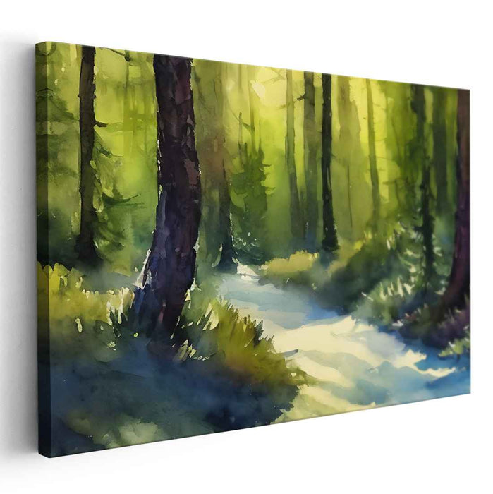 Mossy Glen Reflections: Tranquil Forest Watercolor Landscape