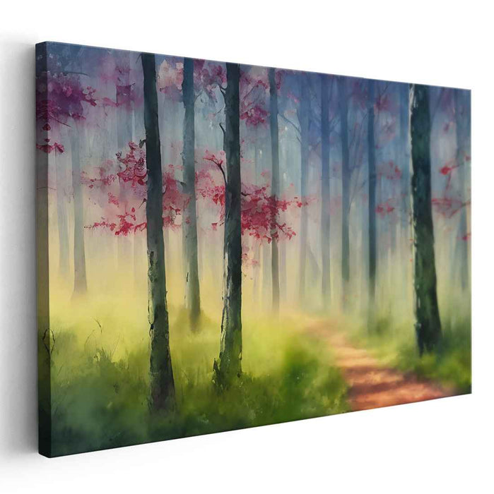 Mystic Woods Journey: Dreamy Forest Path Watercolor Canvas Art Print