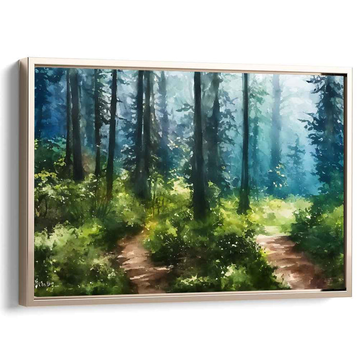 Sylvan Sunbeam Journey: Sunlit Woodland Path Canvas Art Print