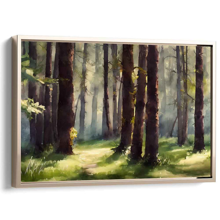 Glimmering Forest Trail: Luminous Woodland Path Canvas Art
