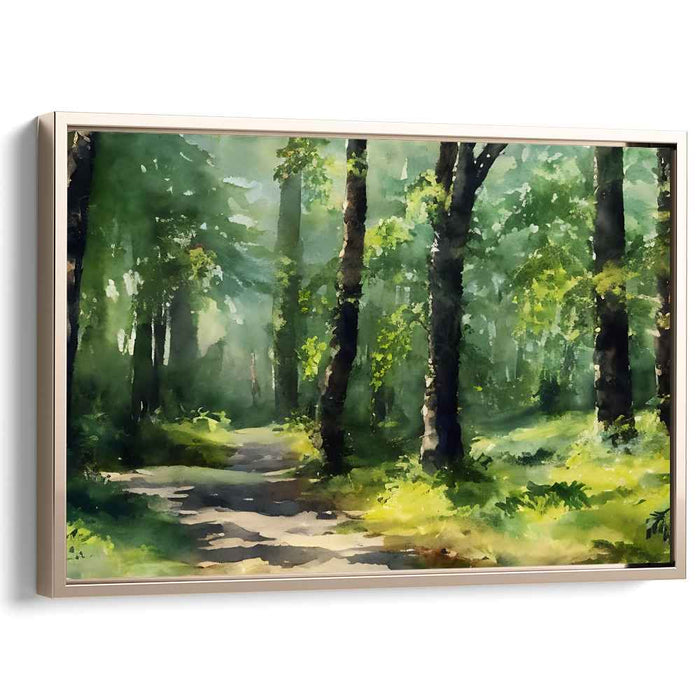 Rain-soaked Woodland Trail: Watercolor Forest Path Canvas Art Print