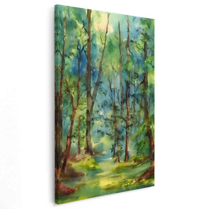 Forest's Aquarelle Symphony: Watercolor Forest Landscape Canvas Art Print
