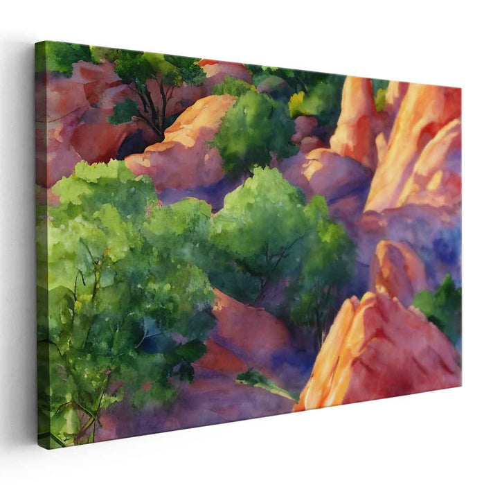 Mossy Canyon Mosaic: Vibrant Watercolor Landscape of Rocky Terrain and Lush Greenery