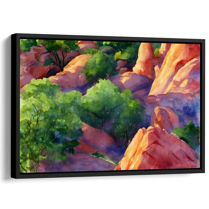 Mossy Canyon Mosaic: Vibrant Watercolor Landscape of Rocky Terrain and Lush Greenery