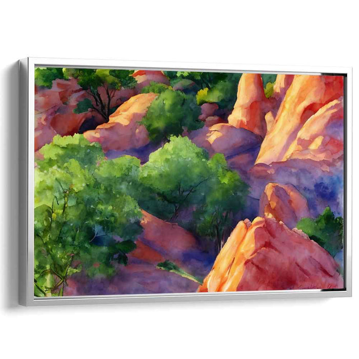Mossy Canyon Mosaic: Vibrant Watercolor Landscape of Rocky Terrain and Lush Greenery
