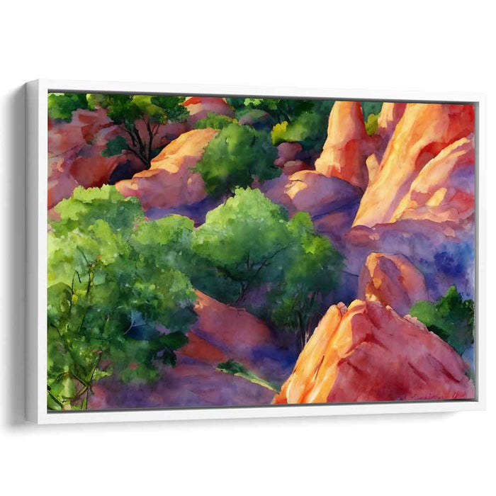 Mossy Canyon Mosaic: Vibrant Watercolor Landscape of Rocky Terrain and Lush Greenery
