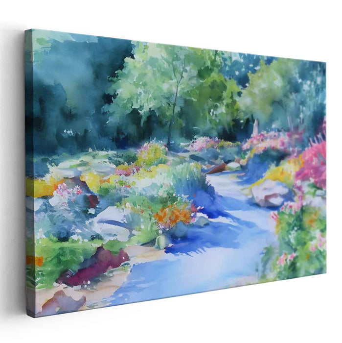 Verdant Brook Impressions: Lush Garden and Stream Watercolor Art Print