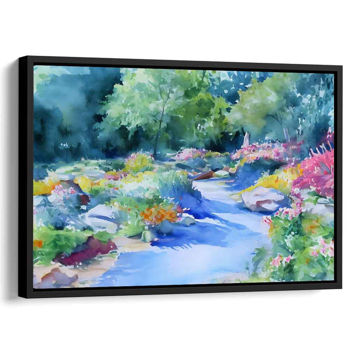 Verdant Brook Impressions: Lush Garden and Stream Watercolor Art Print