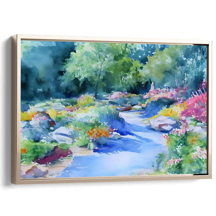 Verdant Brook Impressions: Lush Garden and Stream Watercolor Art Print