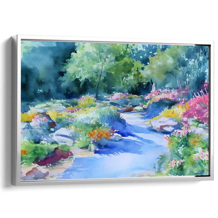 Verdant Brook Impressions: Lush Garden and Stream Watercolor Art Print