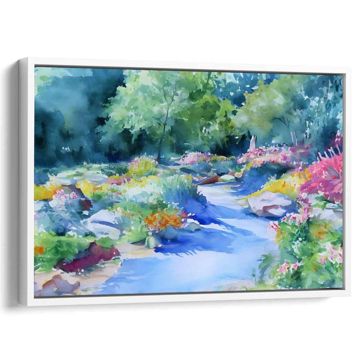 Verdant Brook Impressions: Lush Garden and Stream Watercolor Art Print