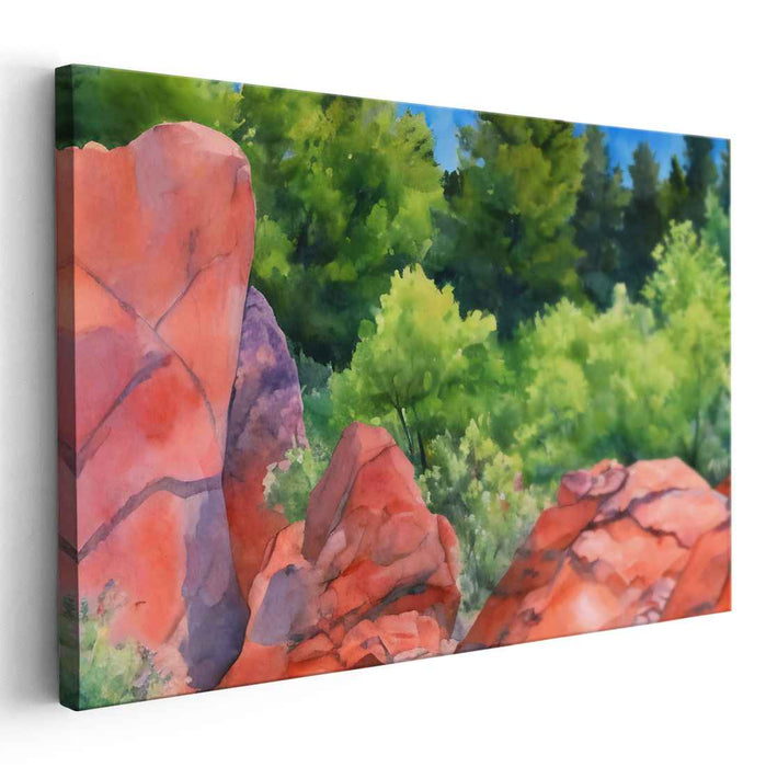Verdant Canyon Rouge: Vivid Red Rock and Lush Greenery Watercolor Landscape