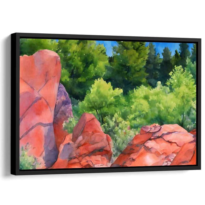Verdant Canyon Rouge: Vivid Red Rock and Lush Greenery Watercolor Landscape