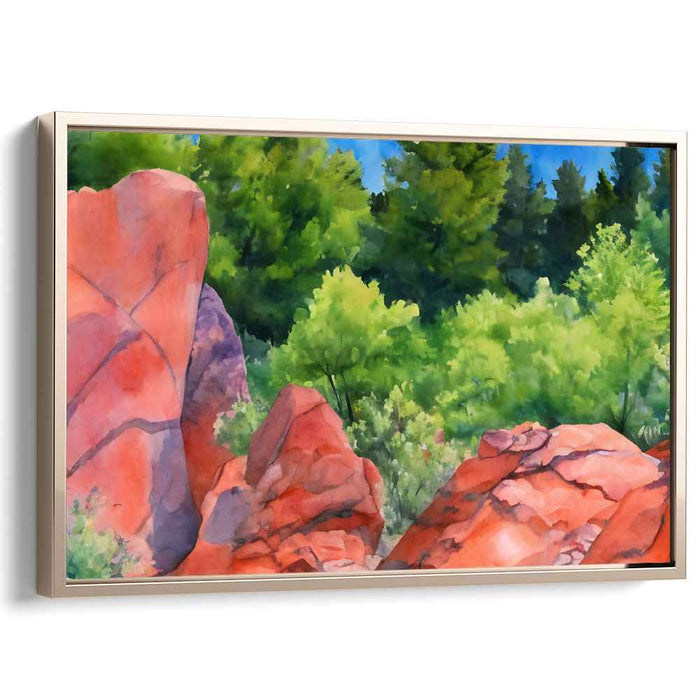 Verdant Canyon Rouge: Vivid Red Rock and Lush Greenery Watercolor Landscape