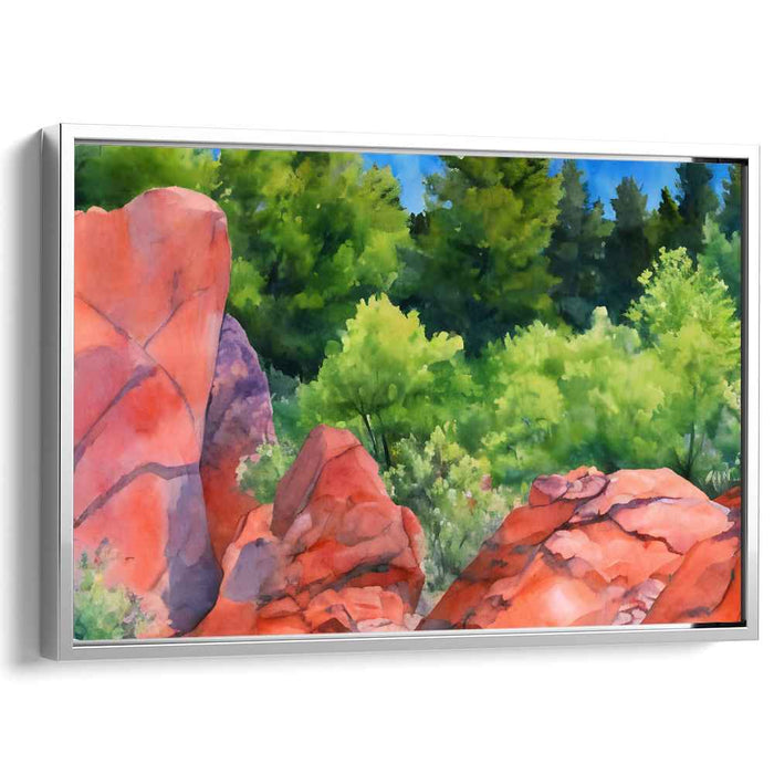 Verdant Canyon Rouge: Vivid Red Rock and Lush Greenery Watercolor Landscape