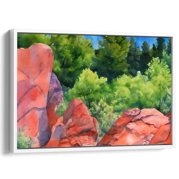 Verdant Canyon Rouge: Vivid Red Rock and Lush Greenery Watercolor Landscape