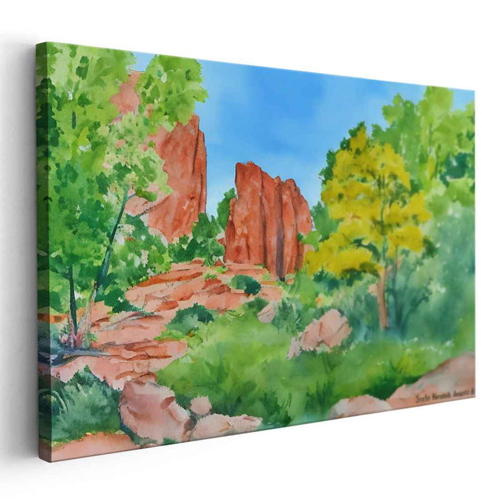 Verdant Oasis Mirage: Lush Greenery and Red Rock Cliffs Watercolor Landscape