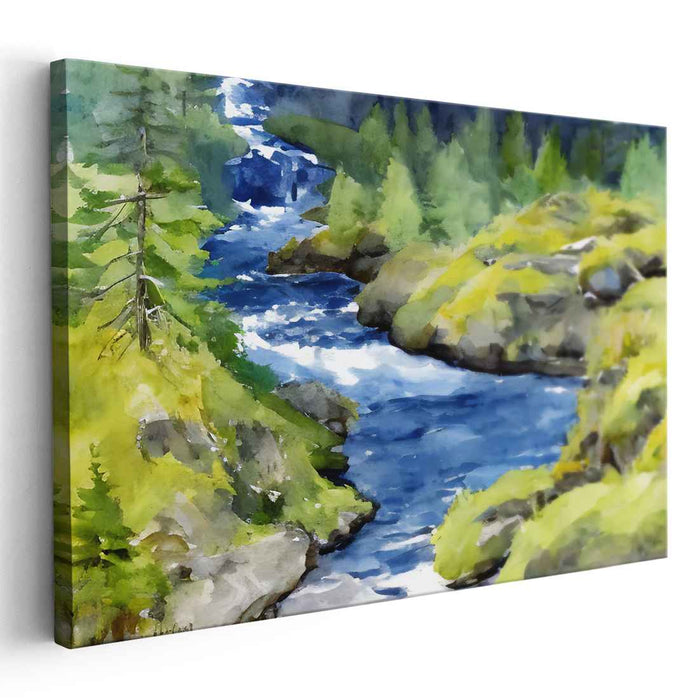 Tranquil Woods Flowing Hue: Serene River and Forest Landscape Canvas Art Print